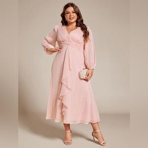 🆕 Plus Size Twist Knot Louts Leaf Long Sleeve A-Line Evening Dress